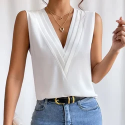 Women Elegant Fashion Loose Casual White Blouse 2024 Summer Multi Layered V-neck Solid Tank Top For Women Shirt Blusas Femininas