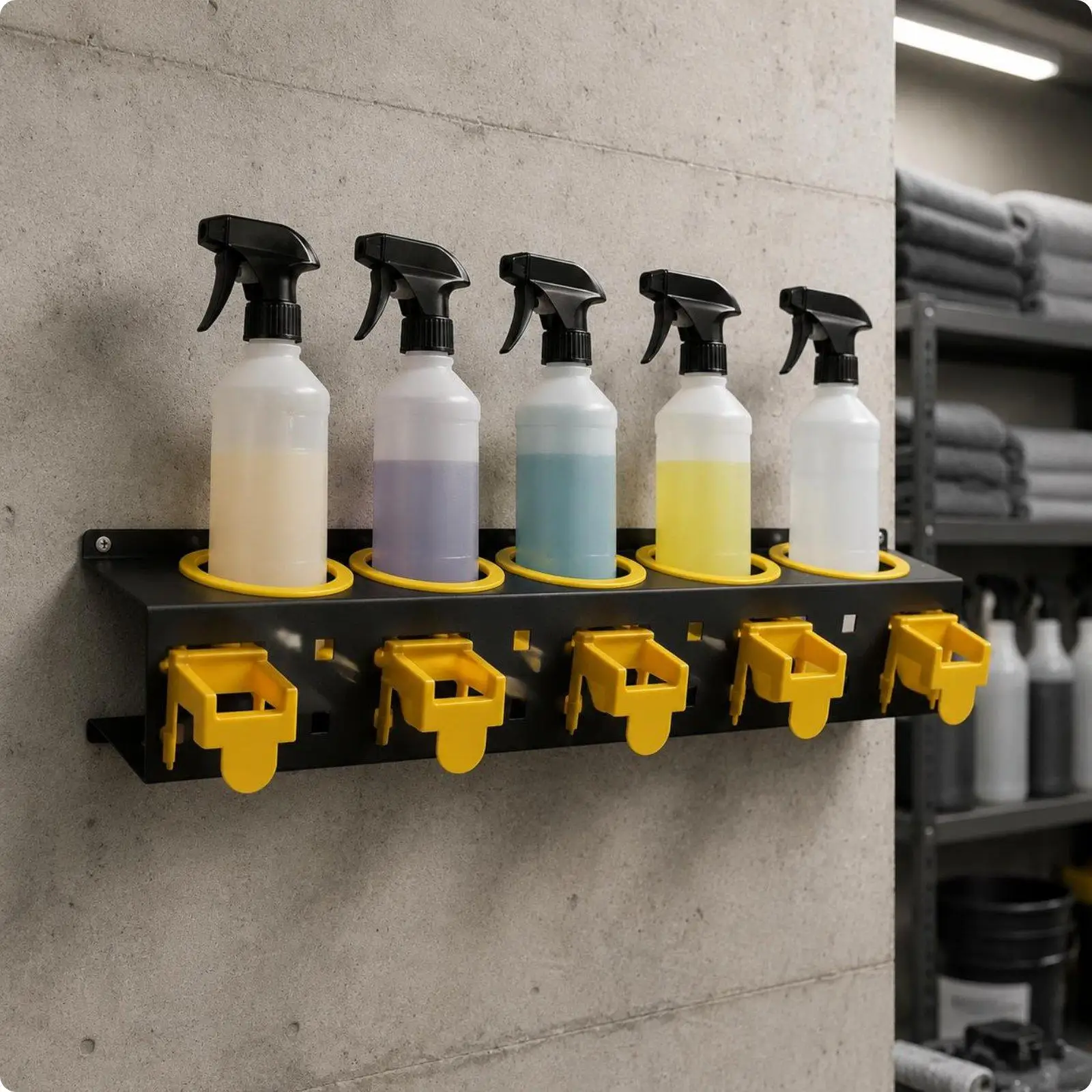 Five Slot Wax Bottle Holder Iron Wall Organizer Spray Bottle Rack Storage Shelf for Garage or Shop Use