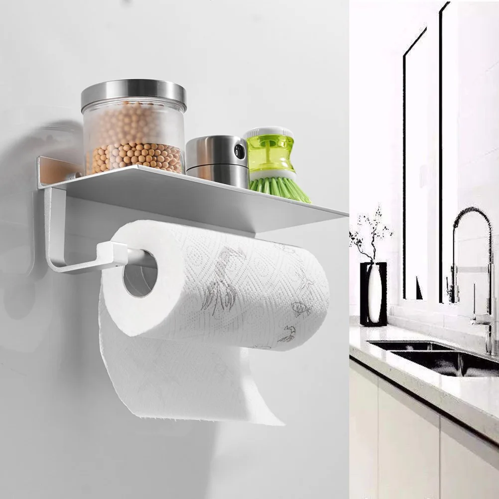

No Punch Paper Holder Multi Functional Shelf Tissue Roll Storage Bathroom Accessories Cellphone Rack Space Saving Design Fits