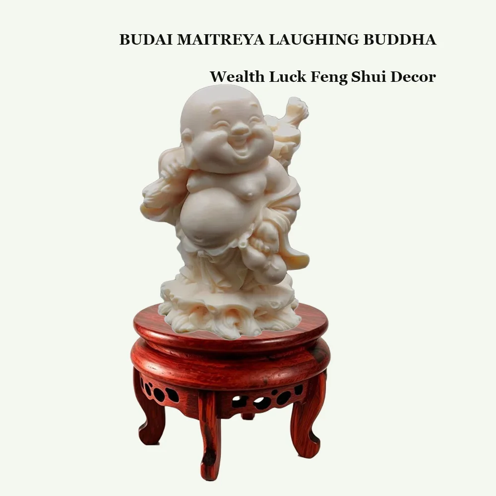 Imitation Ivory Laughing Buddha Statue Cute Budai Monk Figurine Feng Shui Wealth Ornament for Home Office Car Decor