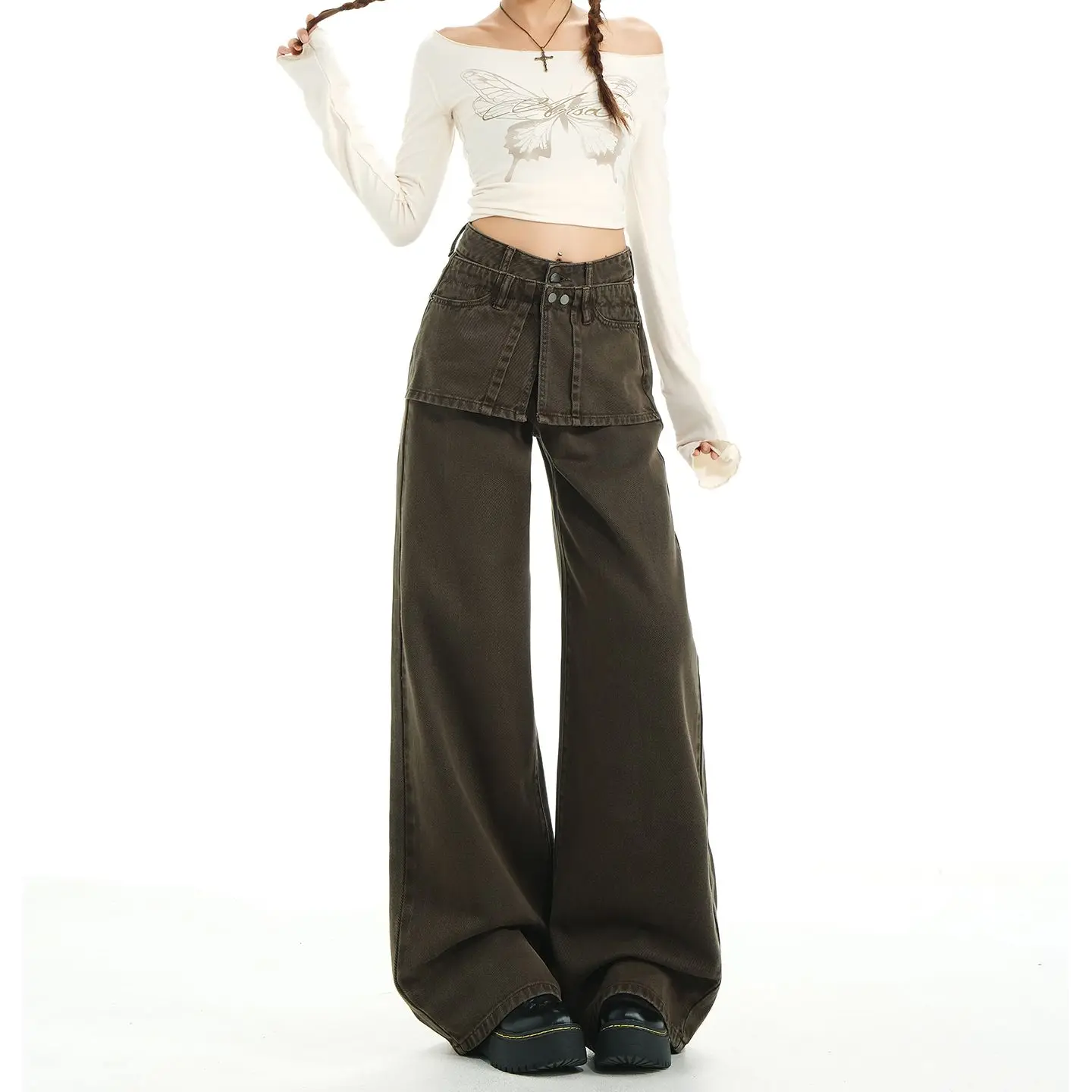 وهمية 2 صور السراويل البضائع غير رسمية النساء خمر المرقعة عالية الخصر بنطلون مستقيم 2025