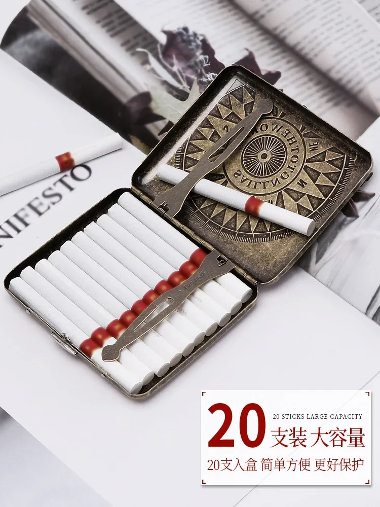 20 Pack Vintage Metal Cigarette Boxes for Men's Portable Ultra Thin Compression and Moisture Proof Cigarette Clips