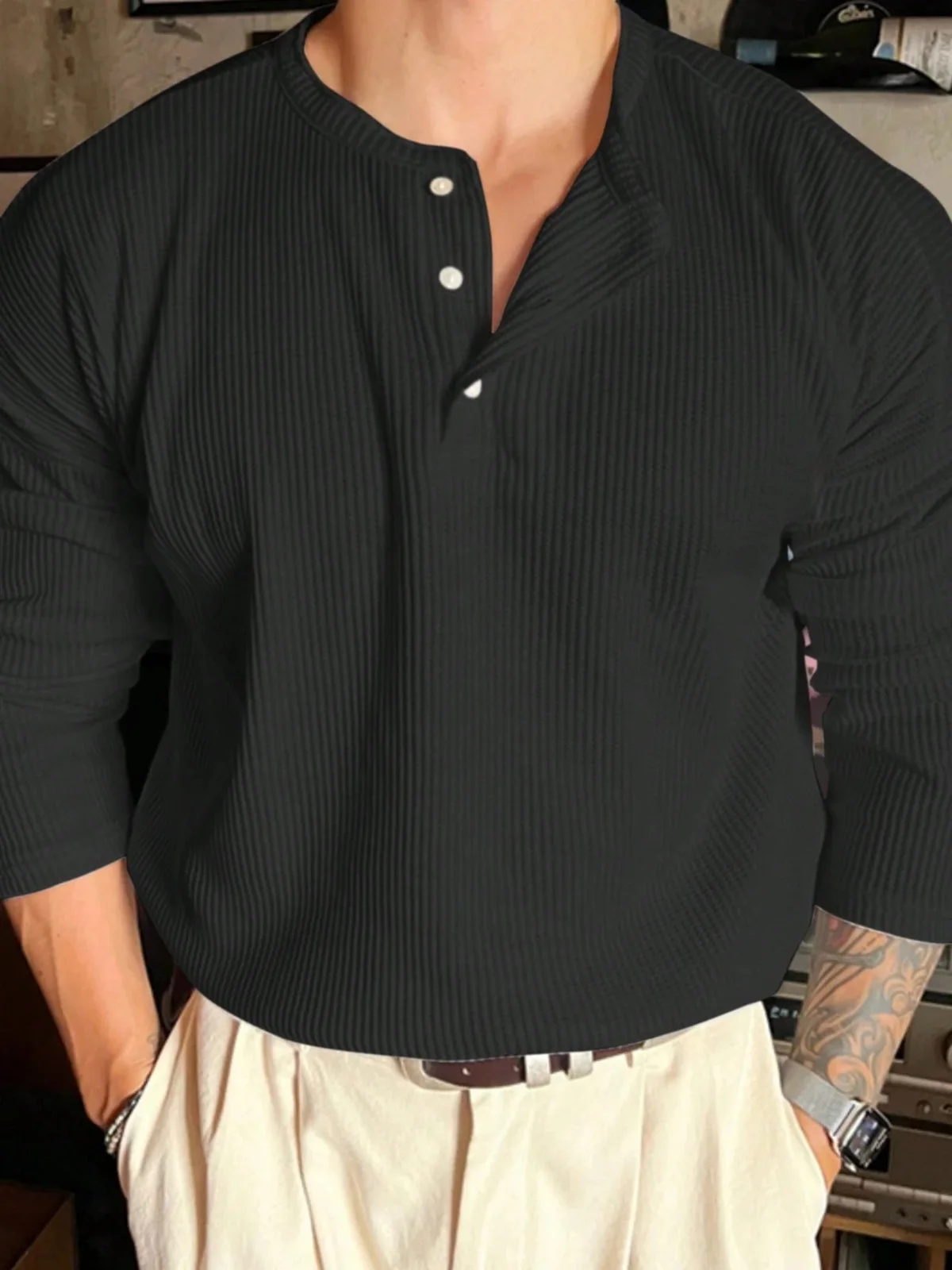 2026 New Men's Black Waffle Long Sleeve Henley Collar Button Design Top Factory Direct Supply Large Men's Clothing