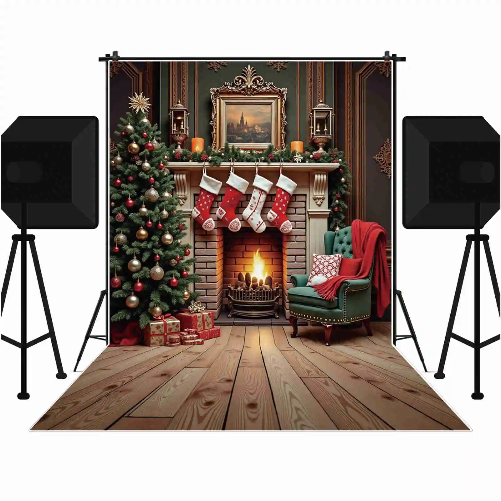 MOON.QG 크리스마스 벽난로 배경 사진, 실내 선물, 크리스마스 트리 포토존 배경, 어린이 스튜디오 포토존 액세서리