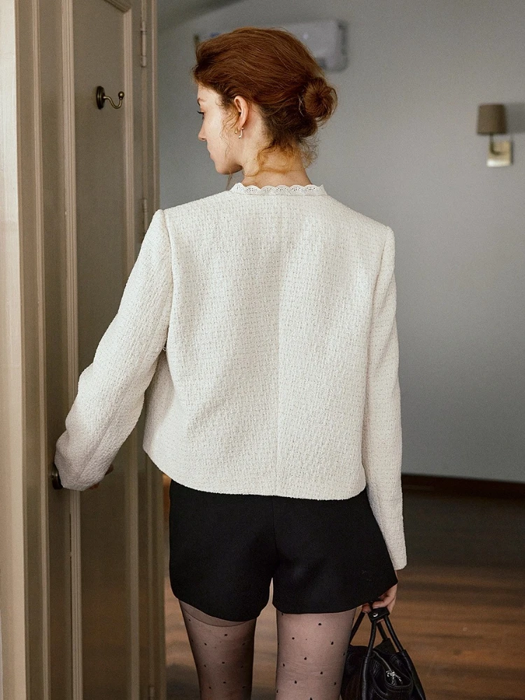 OLrain French Short Coat Woman Casual Solid Lace O-Neck Placket Jackets 2025 Autumn New Arrival Female clothing GO57QW000258