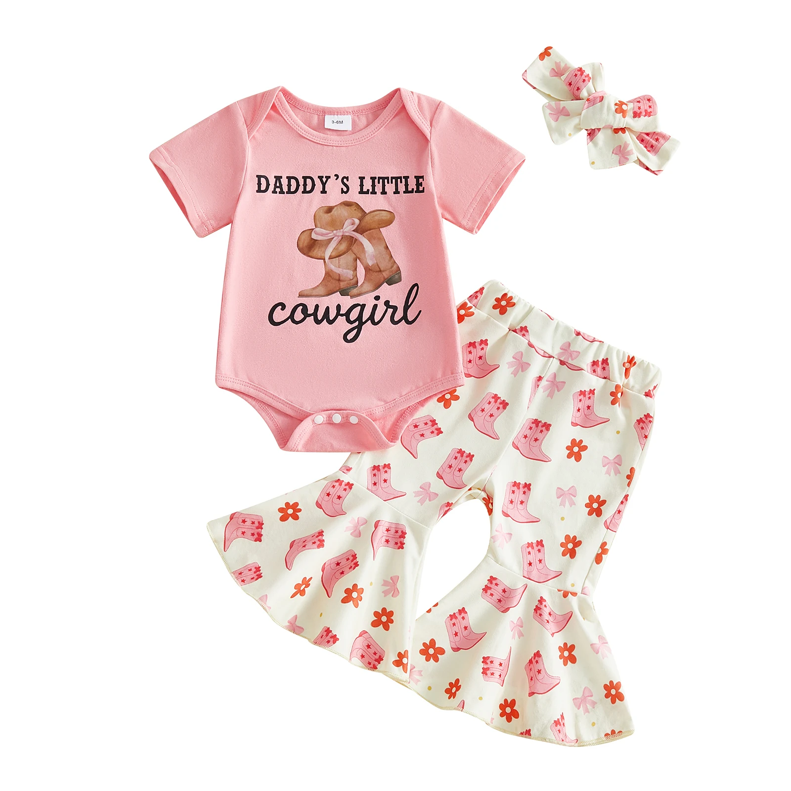 

Baby Girl Western Outfit Boots Letter Print Short Sleeve Romper Flare Pants and Headband 3 Piece Set
