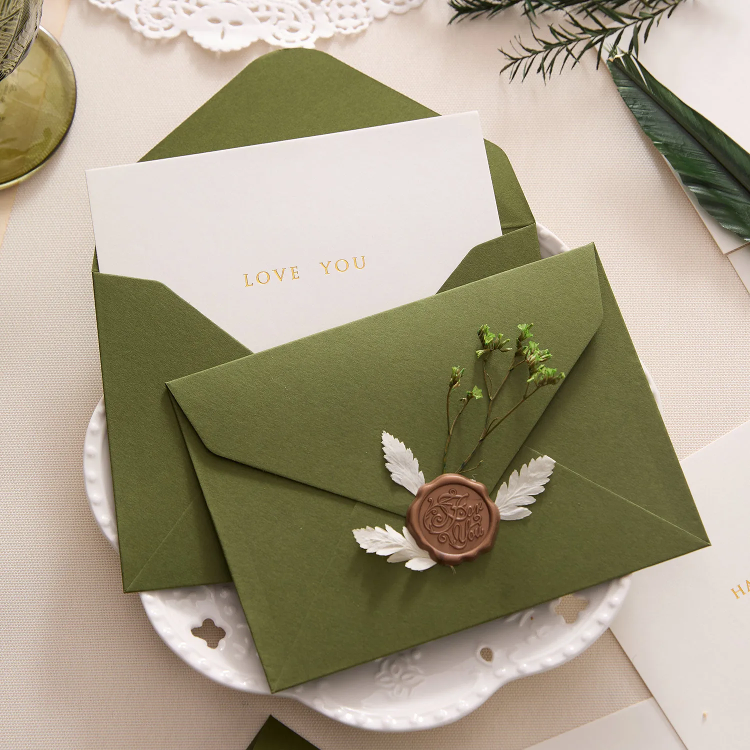 Avocado Green Envelope & Handwritten Greeting Cards, Note Cards for Birthday Valentine Thanksgiving New Year Party Events