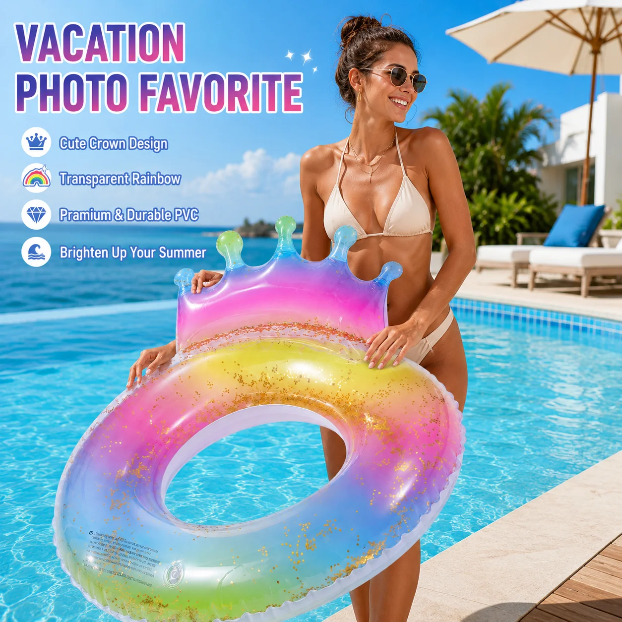 

1PC Rainbow Glitter Crown Inflatable Swim Ring, PVC Floating Tube, Foldable Water Float For Pool Beach Holiday Relax