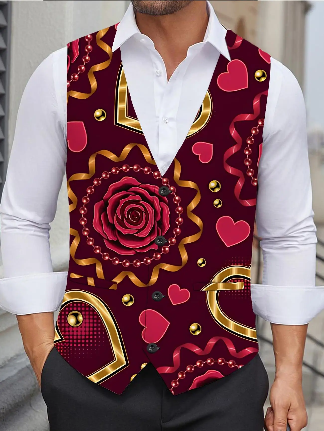 New White Background With Red Peony Print men's Long Sleeved Lapel  Single Breasted Casual 1-piece Top Clothing