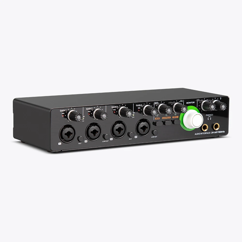 Placa de Som de 4 Canais 4 Entradas/4 Saídas para Gravação de Podcast e Instrumentos Musicais
