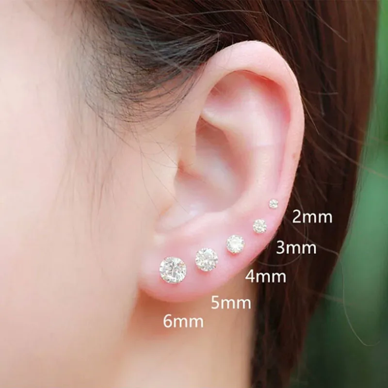 925 Sterling Silver 3MM-7mm Clear/ Purple/Black Cubic Zirconia Stud Earrings For Children Girls Women Men,s925 Silver Jewelry