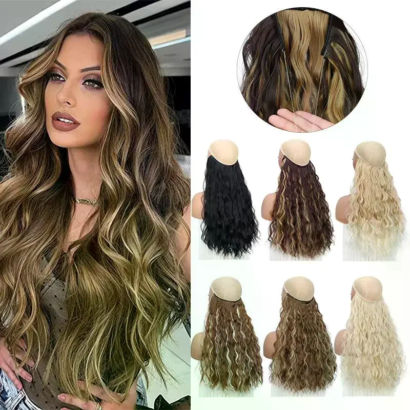 Long Synthetic Fishing Line Hair Extensions Elegant Water Wave Curly Styles For Women Lightweight Fluffy-Looking Hairpiece