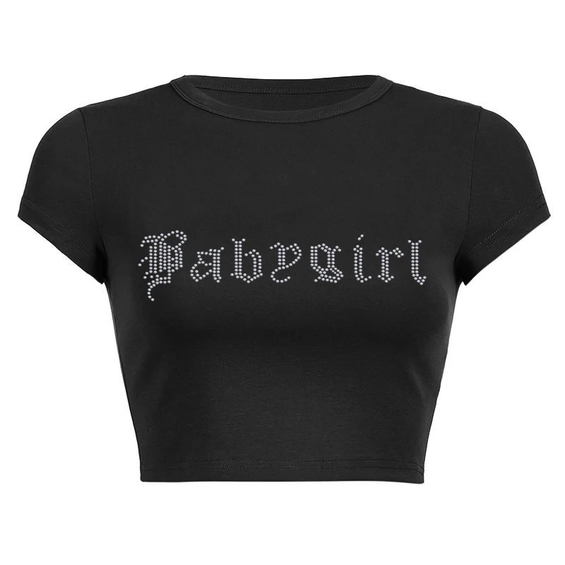 Rhinestone Punk Vintage Baby Girl Letters T-shirt Black Gothic Y2k Clothes Summer Tops Harajuku Short Sleeve Crop Tops Baby Tees