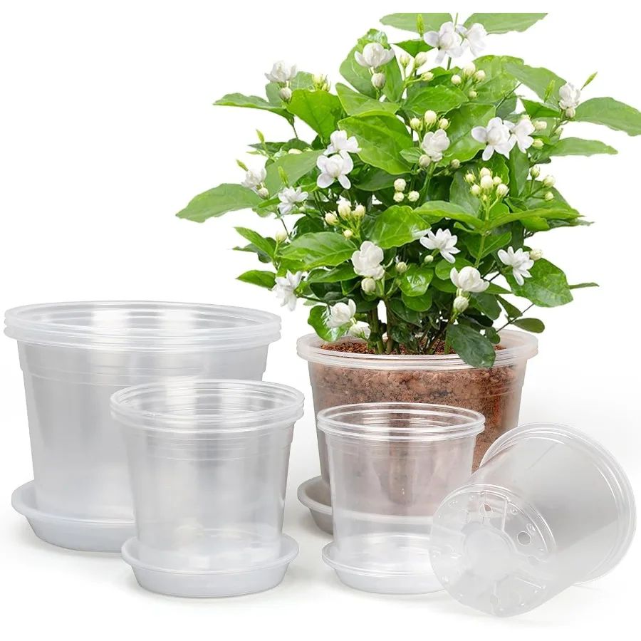 

10 8 6 5 Inch Nursery Pots with Saucers 12 Pack Clear Nursery Pots with Drainage Hole for Indoor Outdoor Plastic Clear Pots for