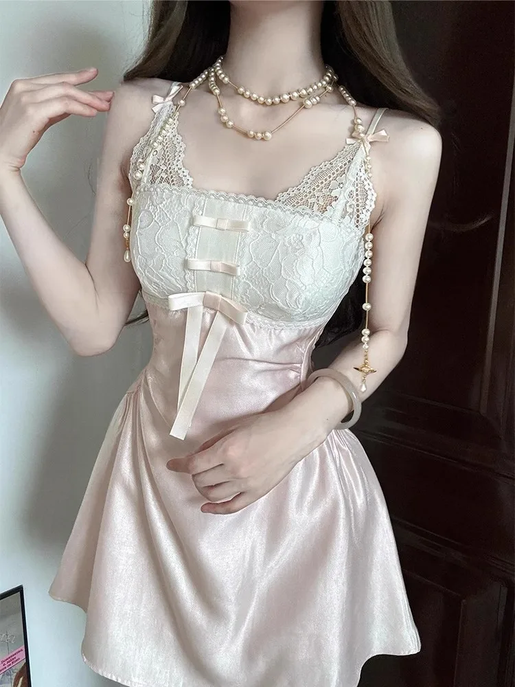 Fashion Retro Satin Mini Dress Women One-Piece Jacquard Floral Lace Bow Corset Cami Rompers Date Going Out Summer Clothes