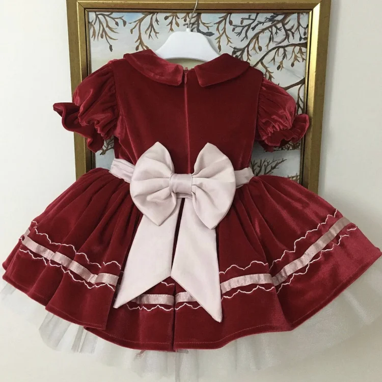 Robe de Bal en Velours Rouge pour Bébé Fille, Broderie de Cerf de Neige, Vintage, Princesse Espagnole, Eid, Décontracté, Noël, Automne, Hiver