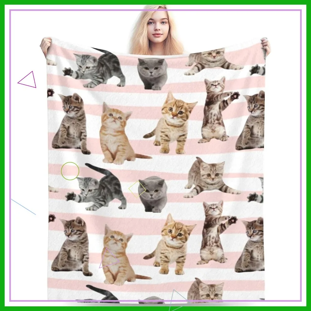 Fuzzy Throw Blanket 350 GSM Ultra-Soft Fleece for Adults Kids, Cute Cat Design 50