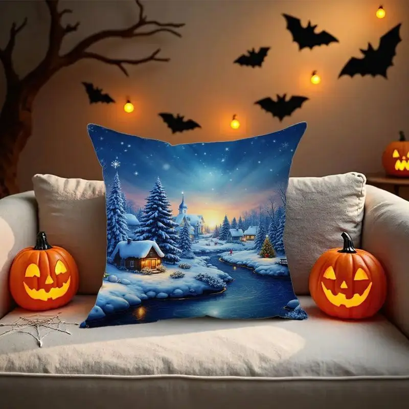 1pc Winter Wonderland Throw Pillow Cover Snowy Village Scene with Glowing Lights Snow Covered Houses Print One Size