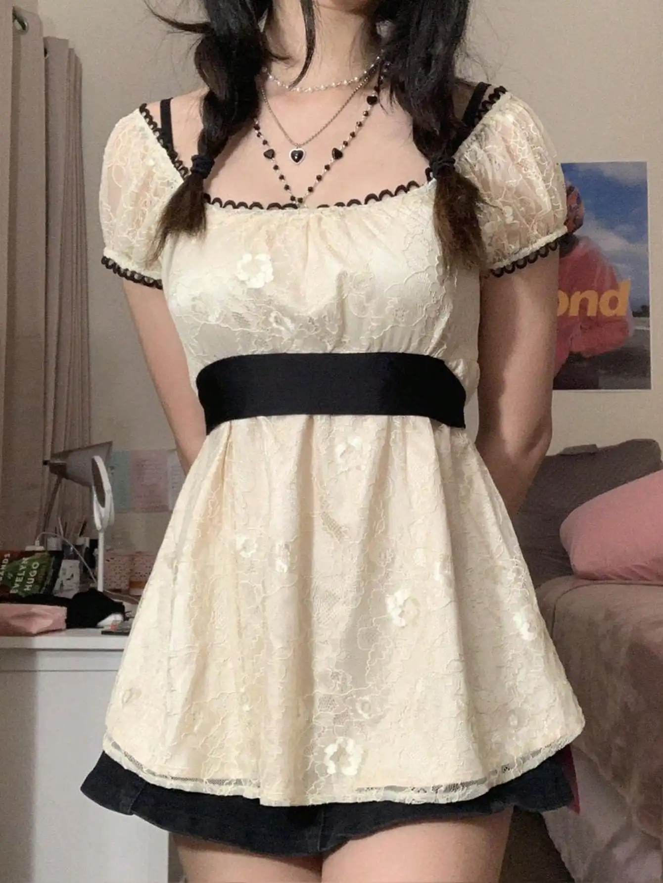 

Cream Lace Top with Black Trim, Puff Sleeve A-Line Shirt for Casual Wear