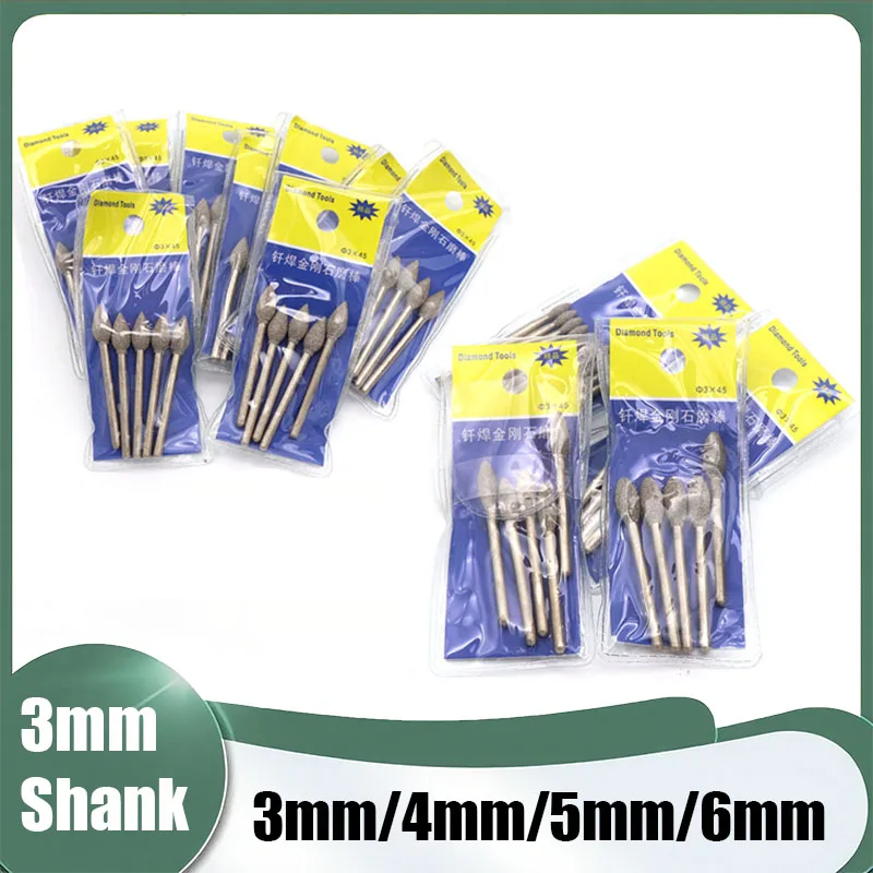 2/5/10Pcs Oval Diamond Grinding Head Burrs Bits 3mm Shank Jade Stone Carving Polishing Engraving Tool Dremel Accesories