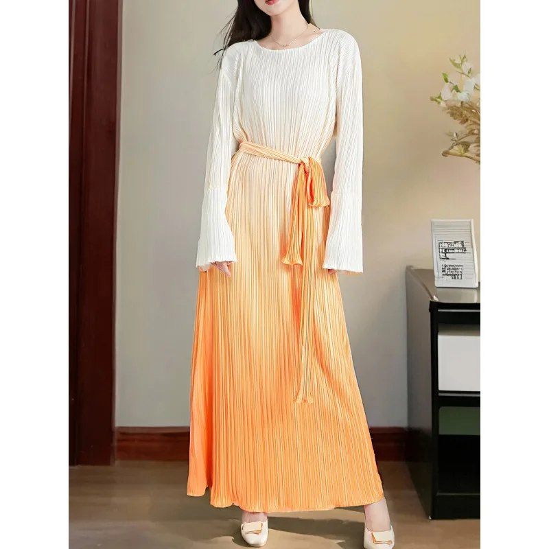 SMVP 여성용 원피스 라운드넥 플레어 슬리브, 그라데이션 컬러, 레이스업 디자인, 루즈한 대형 마당, 캐주얼 이브닝 파티 드레스, 패션