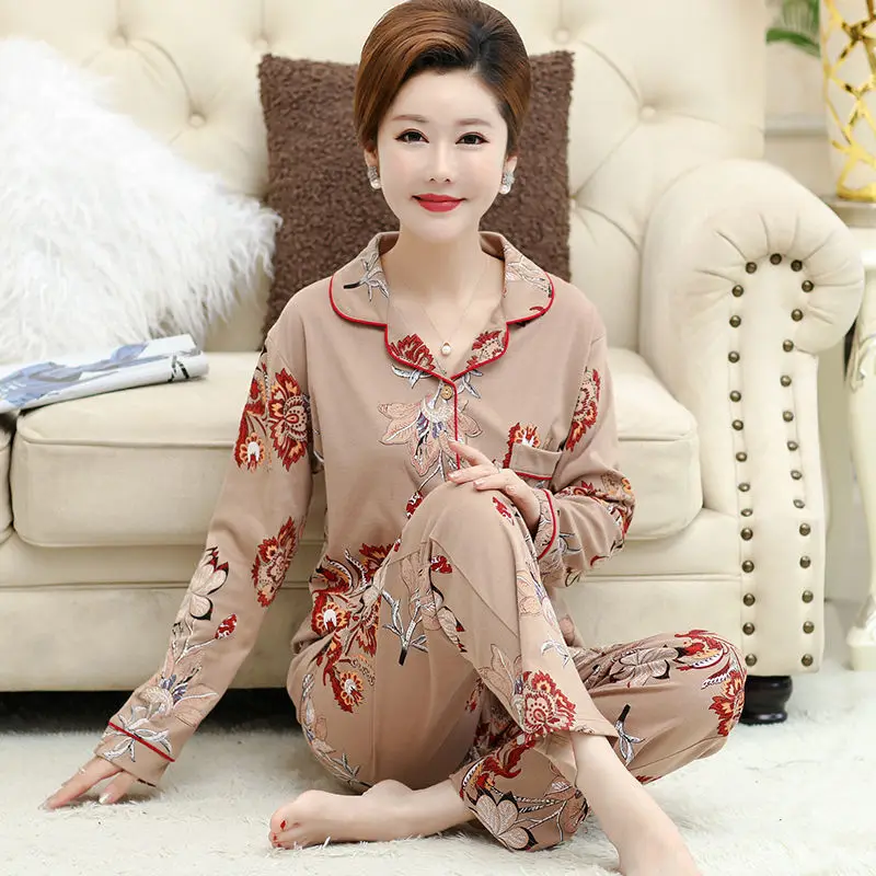 Cotton Pajamas Long Sleeve Sleepwear Spring Autumn Pajama Sets New Middle Aged Mother Women 2 Piece Set Outfit Home Wear Pijama