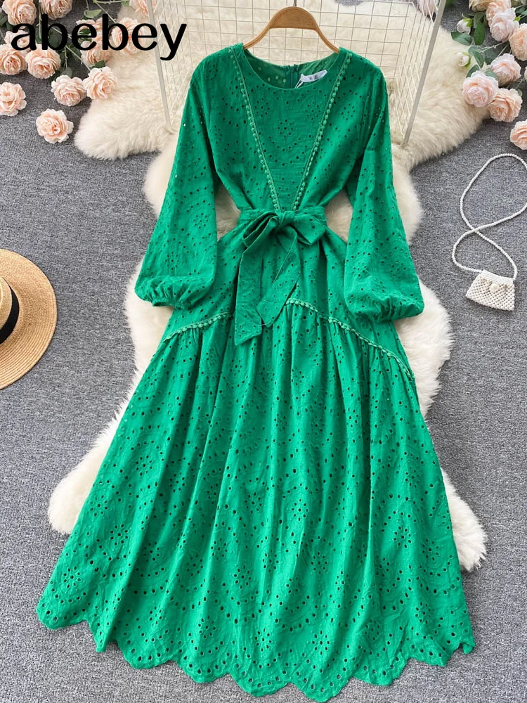 

Green/Pink/White Embroidered Pleated Long Dress Vintage O-Neck Lantern Sleeve High Waist Draped Maxi Vestidos Female 2022 New