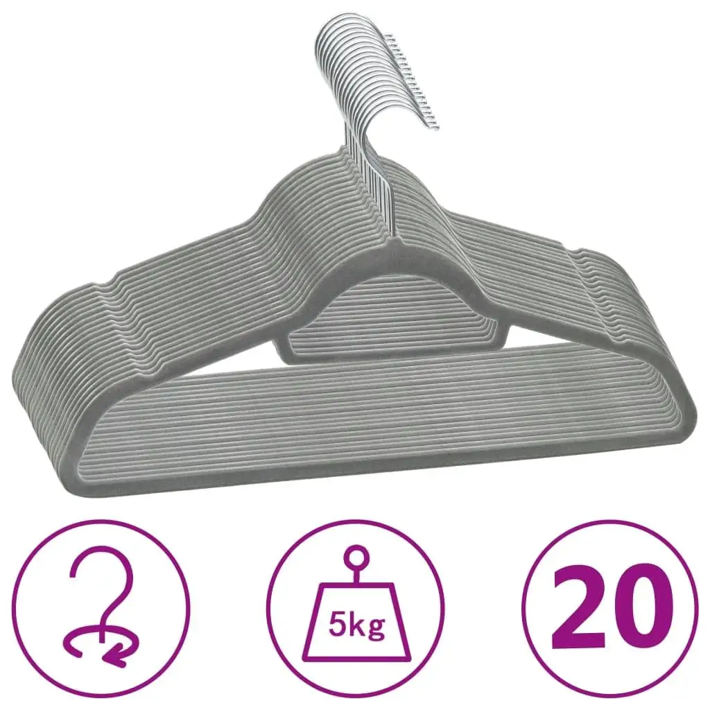 20 pcs Anti-Slip Gray Velvet Clothes Hangers Set - Non-Slip, Space-Saving Design