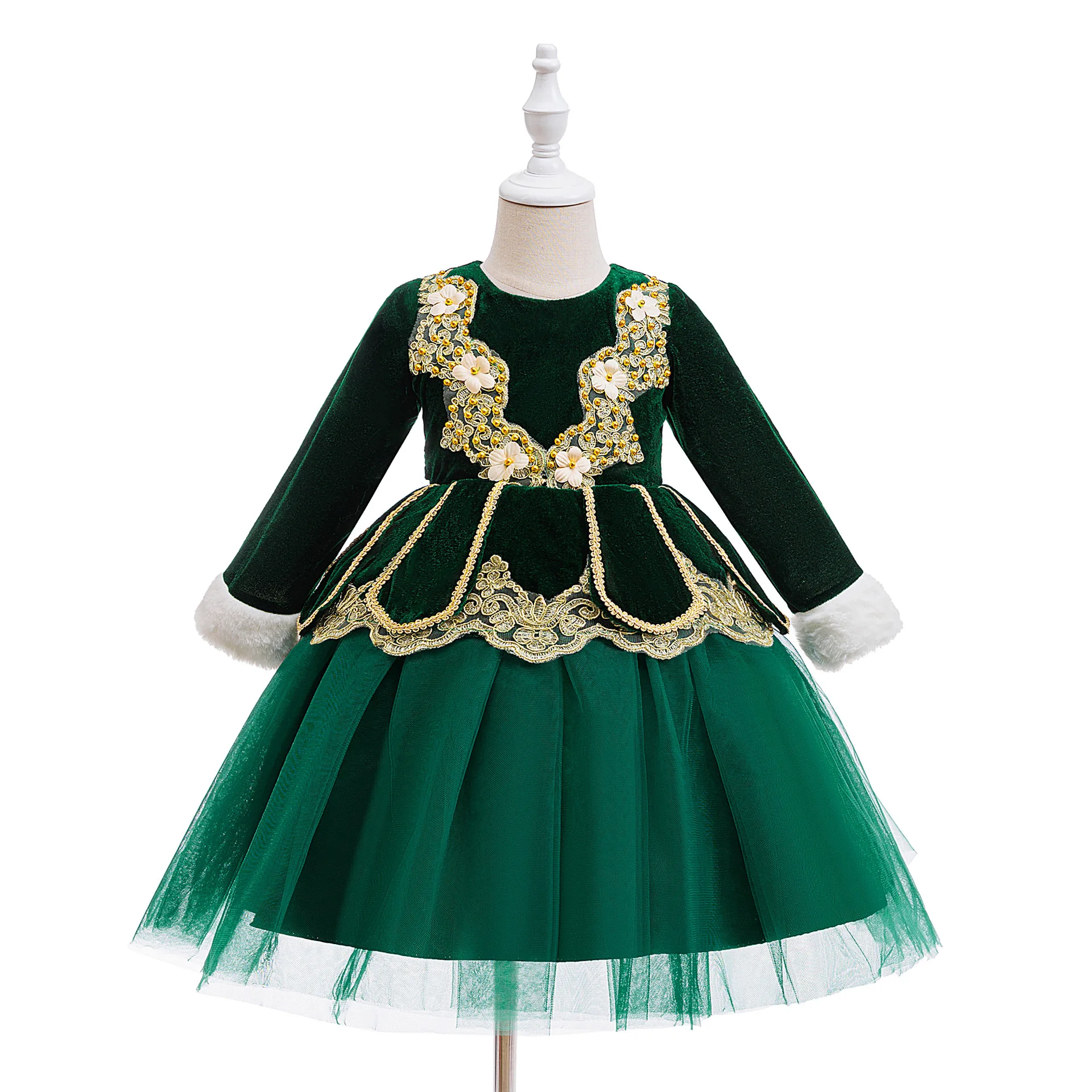 

2025 Новый стиль, темно-зеленое детское платье для детей от 3 до 8 лет, платье принцессы, кружевное бархатное платье с длинными рукавами для рождественской вечеринки