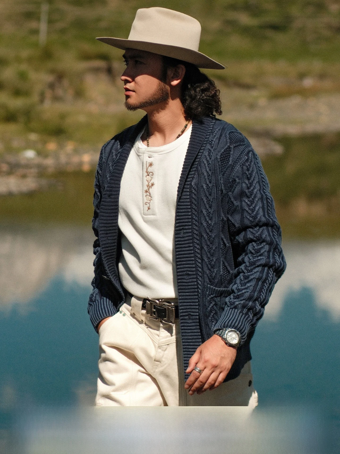 

Waed Blue Cotton Sweater Western Series Narrow Width Open Cardigan Sle Casual Knittedwear Retro Sle Long Sve for Men