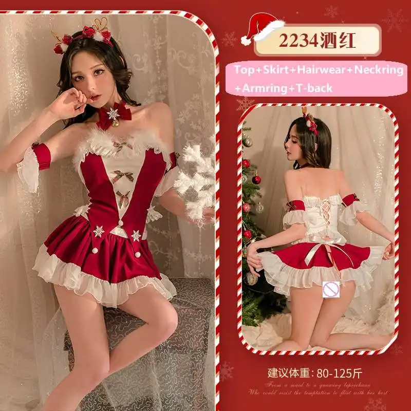 Gaun dansa pesta Natal lucu wanita keluaran baru kostum Lingerie Roleplay Lolita manis wanita dewasa kolot merah beludru Natal