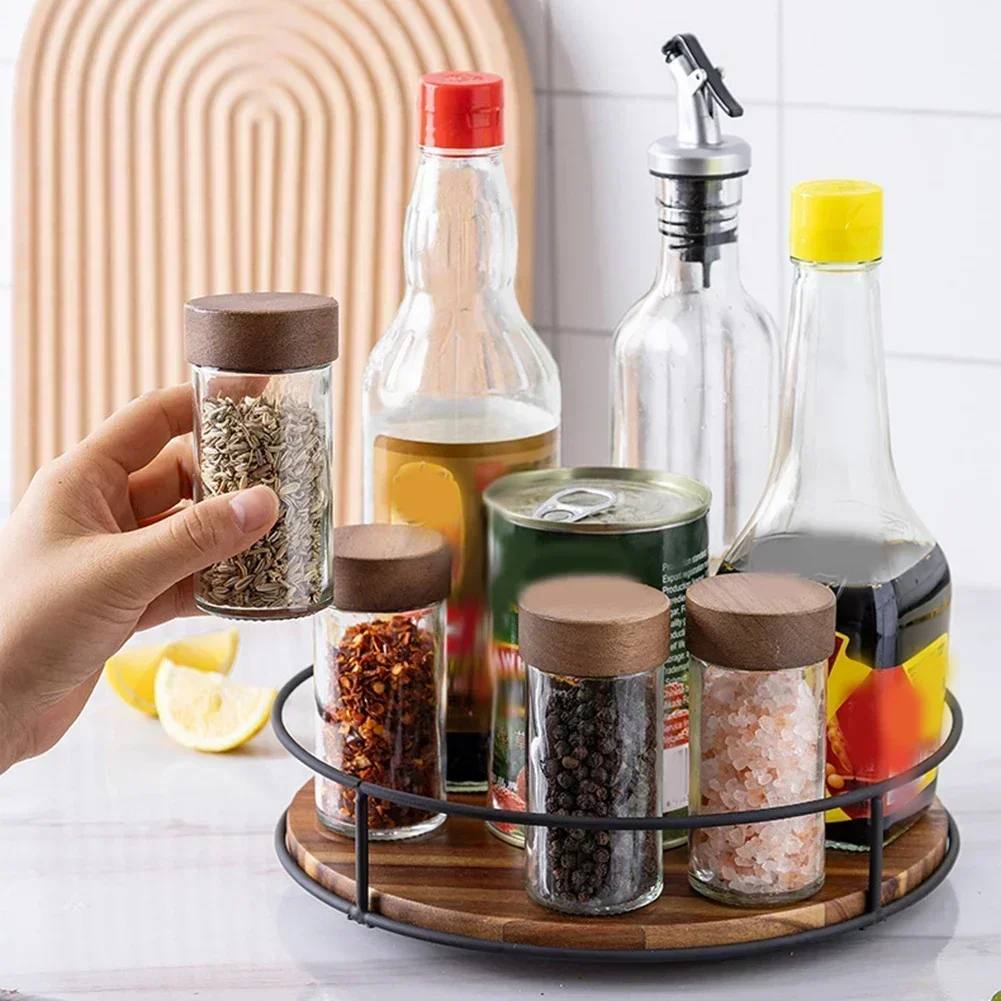 Wooden Seasoning Spice Bottle Turntable Organizer Round Table Countertop Storage Shelf Makeup Organizer Wooden Kitchen Organiser