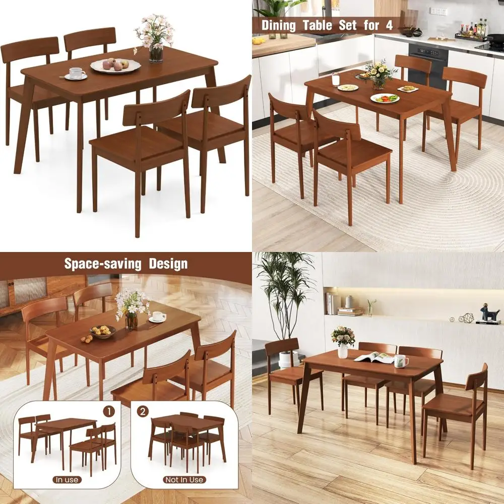 5-Piece Wooden Dining Set for 4, Rectangular Table and Chairs, Rubber Wood Frame, Space-Saving Design