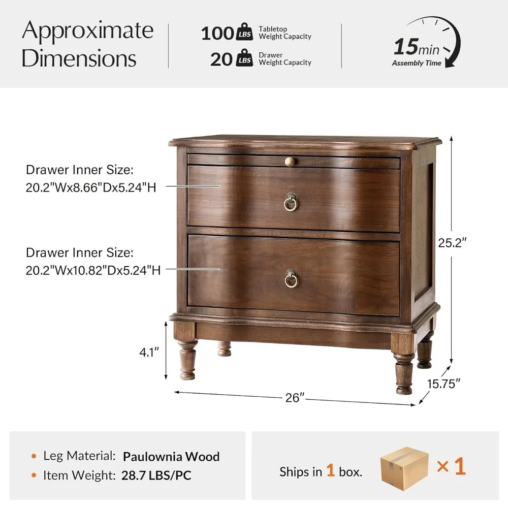 Living Bedroom Apartment  Transitional Solid Wood End Table Hidden Pull-out Shelf 2 Drawers Built-in Charging Station