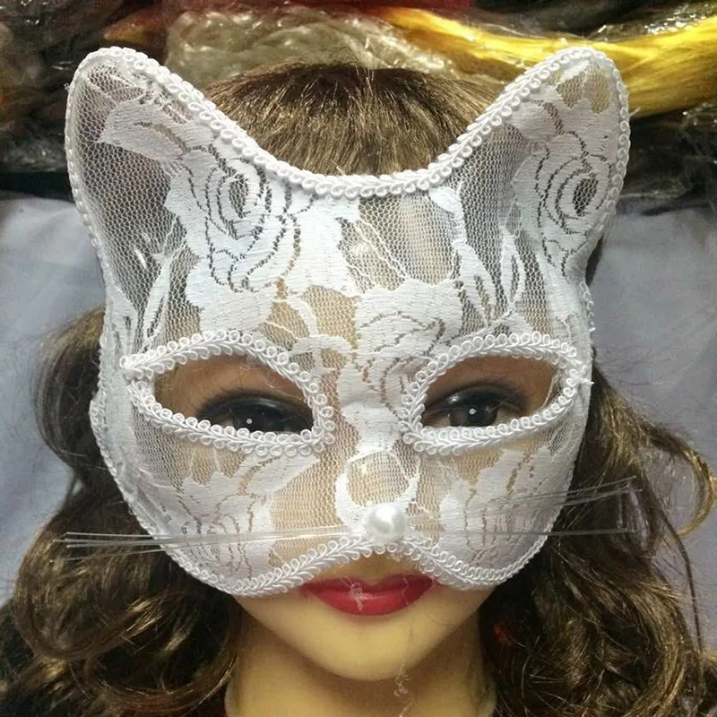 Máscara de zorro para fiesta de Halloween, máscara de ojos Sexy de encaje blanco y negro, máscara de Animal de media cara, máscara de gato de encaje erótico, máscara de Ojos de pareja