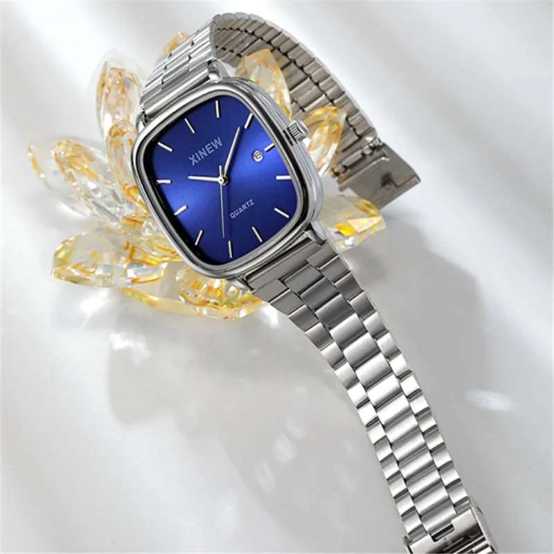 Original XINEW Brand Men Watches Silver Students Boys Fashion Full Steel Band Date Quartz Watch Relogio Masculino Reloj Hombre