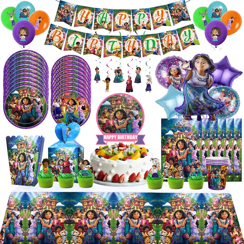 Décorations d'anniversaire Encanto, vaisselle en papier, gobelets, assiettes, boîte à bonbons, ballon, bannière, sacs cadeaux, fournitures de fête Encanto pour anniversaire