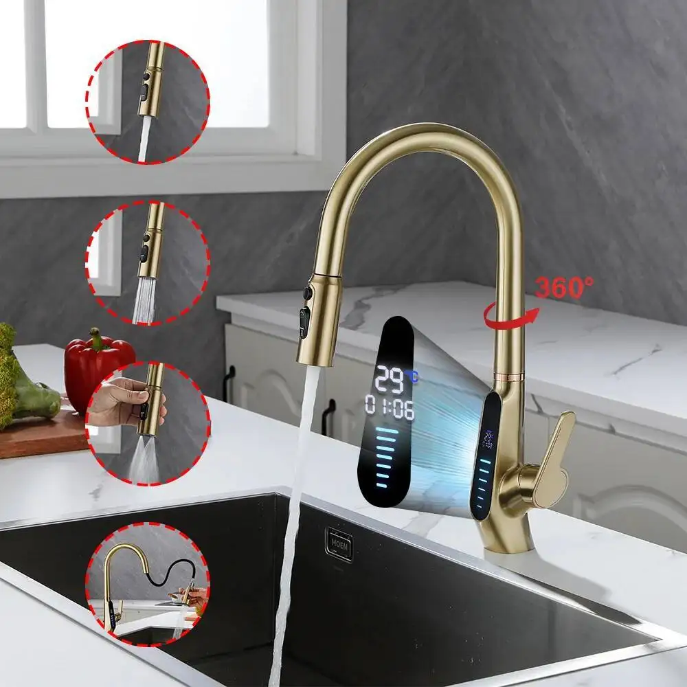 

Brushed Gold Sink Temperature Display Faucet Pull Down 3 Mode Spray Swivel Kitchen Mixer Water Tap