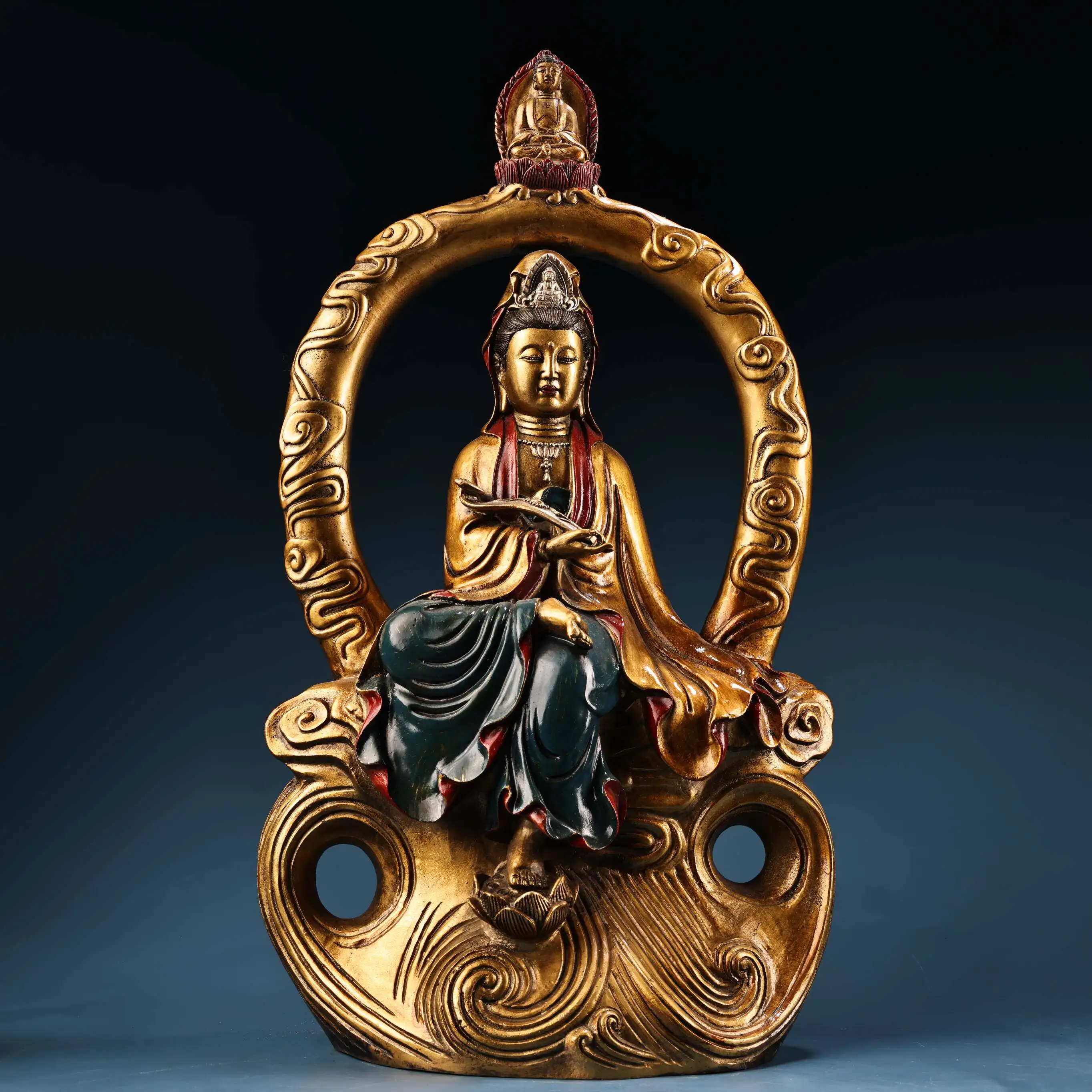 Bronze Painted Gold Gilt Seated Guanyin on Moon Base Statue Serene Face Heavy Patina Fine Craft