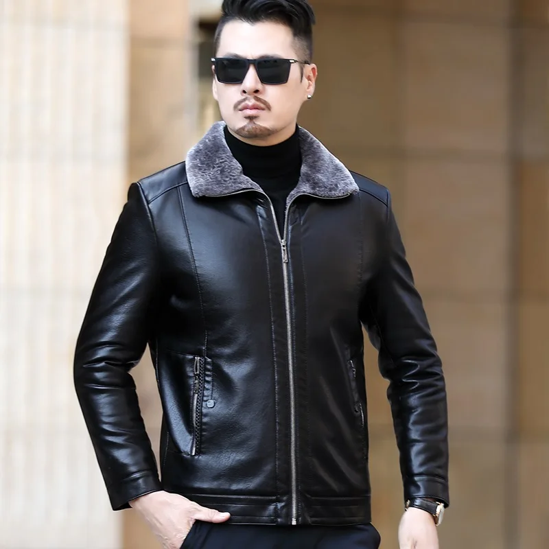 

ZDT-8042 New Men's Thickened Leather Jacket Autumn And Winter Warm Fur One Coat Business Casual Lapel Zipper Top