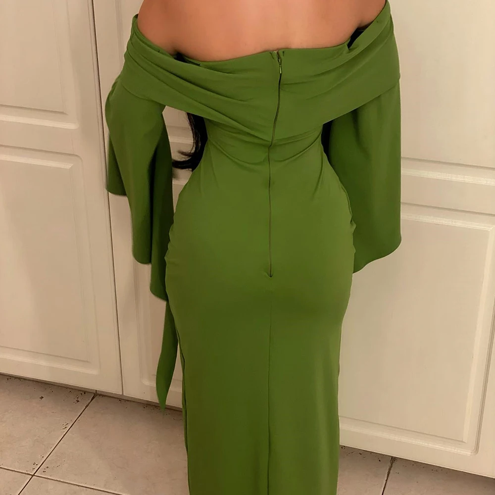 Customized Jersey Straight Off the Shoulder Evening Dress Boat Neck Floor Length Long Sleeves Zipper Back Vestidos para mujer