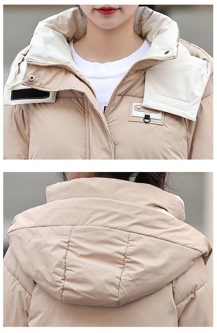 Long Hooded Puffer Coat Women Contrast Collar Warm Quilted Parka Zip‑Up Loose Windproof Winter Outerwear Ladies Padded Jacket