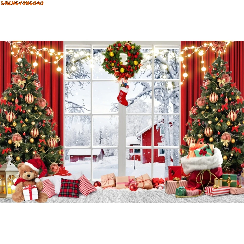 Рождественский камин фон зима снег Рождественская елка окно сарая дверь семейная вечеринка фон для фотосъемки Декор реквизит для фотостудии