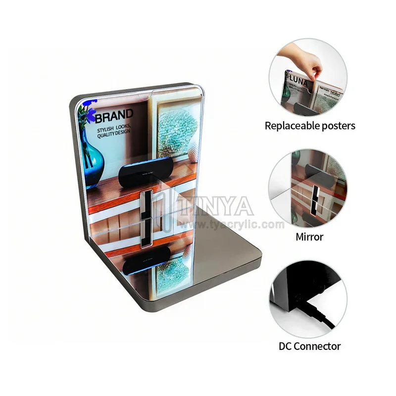 custom.Illuminated Acrylic Speaker Display Stand with Replaceable Posters & Mirror Surface