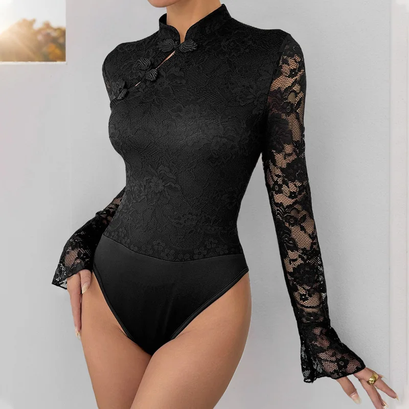 

Women Bodysuits Stand Collar Lace Flare Sleeve Solid Spliced Rompers High Waist Sexy Club Playsuits Winter 2024 Jumpsuits