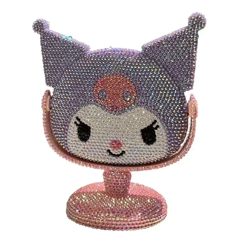 Sanrio Kuromi cute girls creative sweet cartoon handmade diamond revolving makeup mirror as a birthday gift for best friend