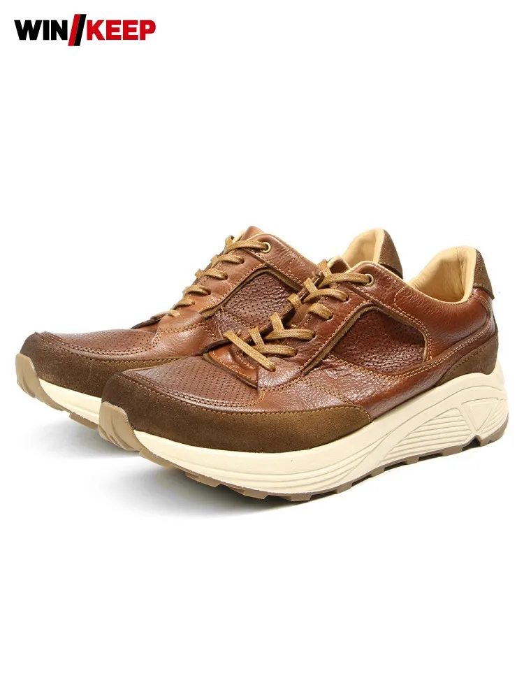 Vintage Mens Outdoor Running Shoes Thick Platform Lace Up Cowhide Genuine Leather Sport Shoes Low Cut Jogging Training Sneakers