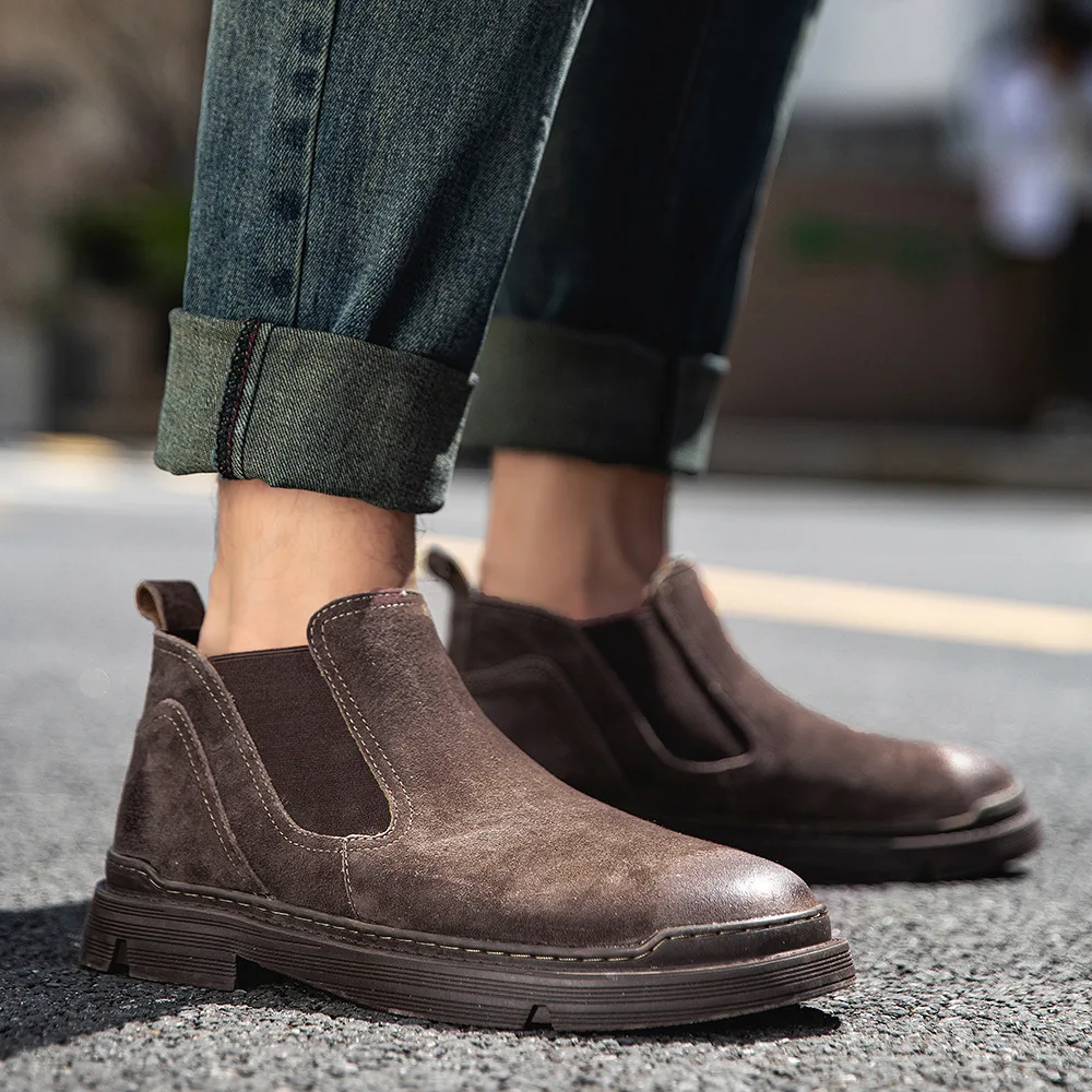 New Vintage British Men Leather Shoes Autumn Spring Cow Suede Tooling Ankle Boots Outdoor Business Chelsea Boots Military Boots