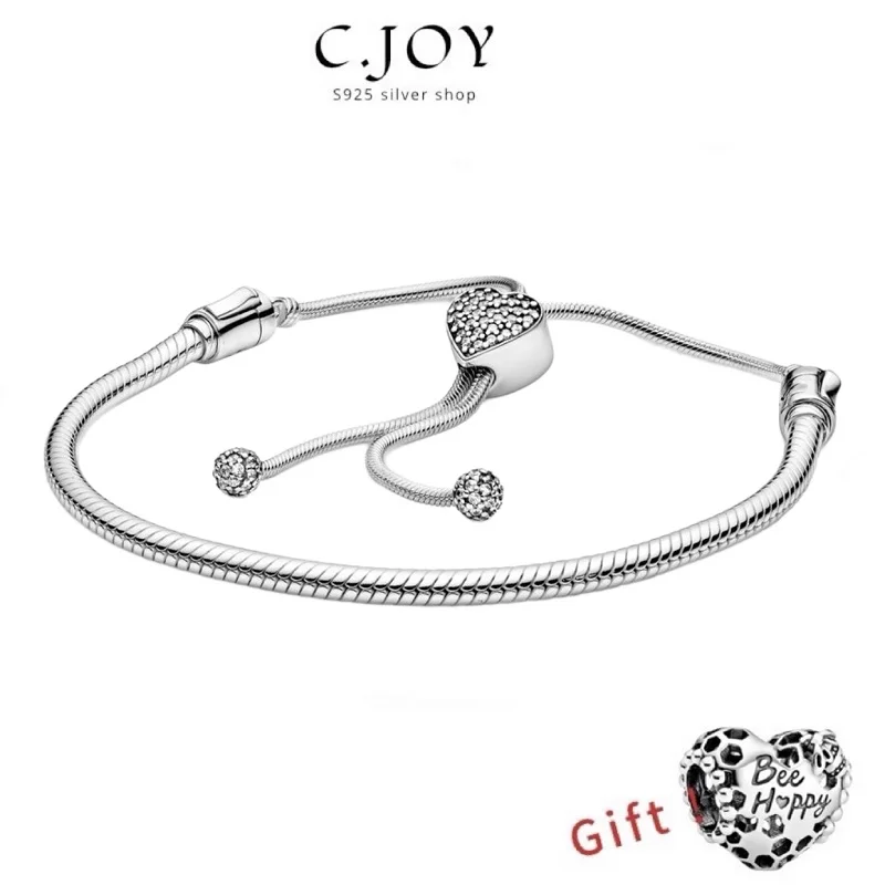 

Hot Sale 100%925 Sterling Silver Fashion Charm Original Heart Adjustable fringe snake Bone Bracelet Women high jewelry accessory