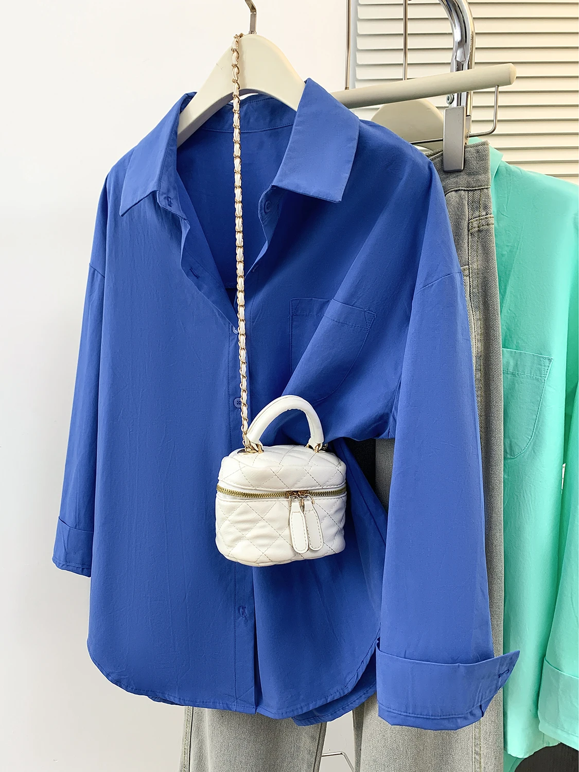 

High-End Women's Blue Long Sleeve Shirt Jacket Layering Spring New Style Collar Loose Fit Versatile Inner Wear Outerwear
